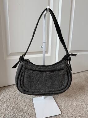 Y2K Dark Academia Black Gray Tweed Mini Shoulder Bag Baguette Purse Old Money